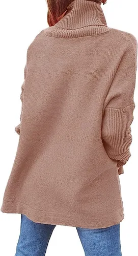 Vista 4 de Suéter de cuello alto para mujer, manga larga de murciélago, dobladillo derramado, túnica de gran