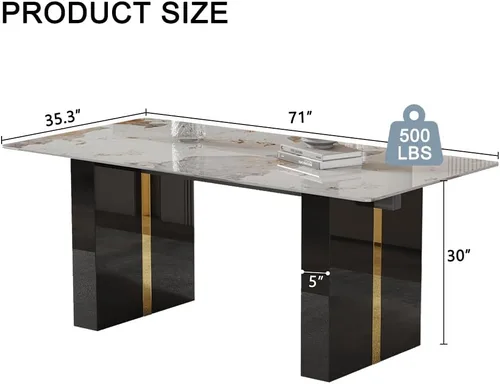 Vista 3 de Mesa de comedor moderna para mesa de comedor de mármol sintético blanco de 6, 8, 71 pulgadas, con patas negras y doradas, mesa de cocina rectangular