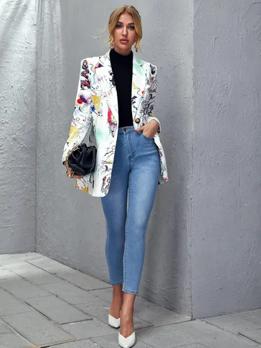 Vista 5 de Floerns Chaqueta de trabajo casual de manga larga con estampado de arte pop para mujer