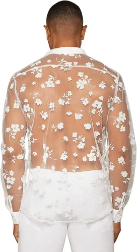 Vista 2 de Floerns Camiseta de manga larga transparente con botones y cuello frontal para hombre