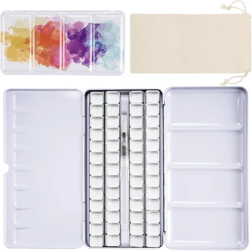 Vista 9 de PEVART Paleta de pintura de acuarela vacía, caja de metal con 37 medias bandejas de color de agua y paleta plegable, bandeja de pintura de estaño