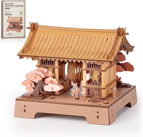Vista 9 de Rolife Rompecabezas de madera 3D Sakura Pavilion, modelo de arquitectura japonesa y kit de construcción de casas en miniatura para adultos Marrón