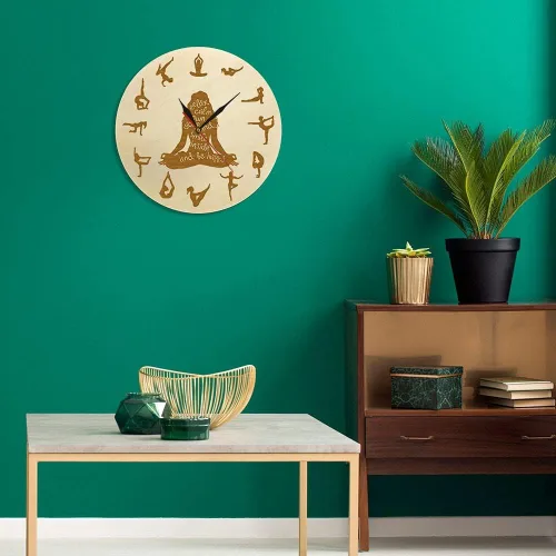 Vista 5 de XDG Reloj de pared de madera para yoga, decoración del hogar, meditación, yoga espiritual, silencioso, sin tictac, yoga, estudio de yoga, arte