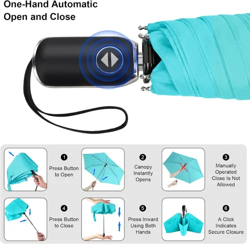 Vista 7 de LEAGERA Paraguas de viaje compacto para bolso, mango plano, impermeable para lluvia ligera