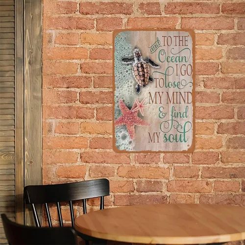 Vista 7 de Cartel de metal con texto en inglés «To The Ocean I Go To Lose My Mind And Find My Soul» de tortuga marina de 12 x 8 pulgadas, decoración de pared