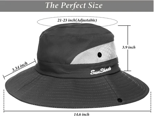 Vista 29 de Sombrero de pesca de playa de ala ancha para mujer, con protección UV, plegable, con agujero para cola de caballo
