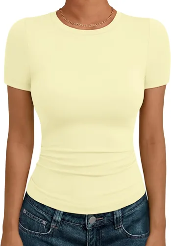 Vista 13 de AUTOMET - Camisetas básicas de manga corta para mujer, para verano, entrenamiento o gimnasio, con cuello redondo, ropa moderna estilo Y2K