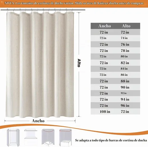 Vista 6 de Nanspring Cortina de ducha de lino extra larga para baño, 96 pulgadas Natural