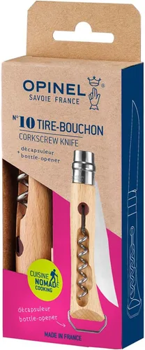 Vista 2 de Opinel Sacacorchos de acero inoxidable No. 10, cuchillo plegable para vino y queso, sacacorchos integrado + abridor de botellas, mango de madera