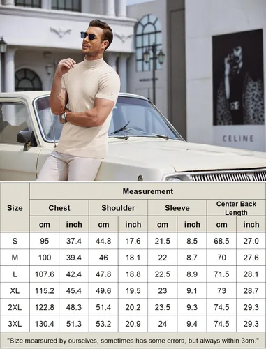 Vista 6 de COOFANDY Suéter de cuello alto falso para hombre, de manga corta, color sólido, básico, ajustado, de punto