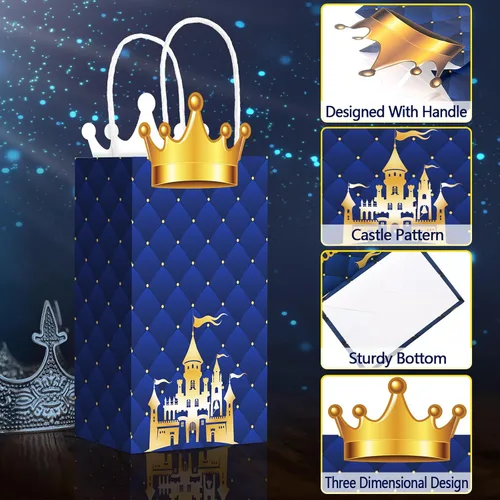 Vista 3 de Sabary Paquete de 16 bolsas de regalos de fiesta de príncipe, bolsas de regalo de corona con purpurina de príncipe con asas, papel kraft para regalo
