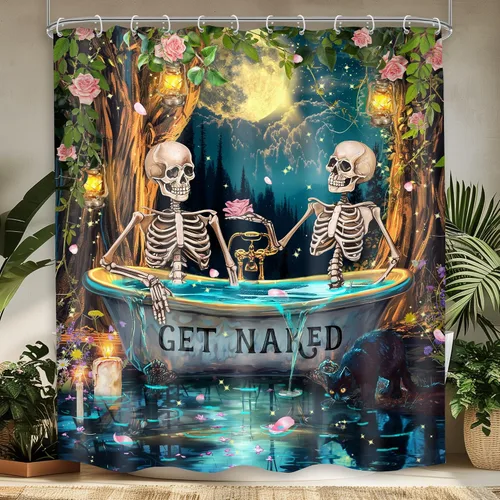Vista 13 de Cortina de ducha con diseño de calavera de neón de 60 pulgadas de ancho x 72 pulgadas de alto, esqueleto gótico, espeluznante, único hueso fresco