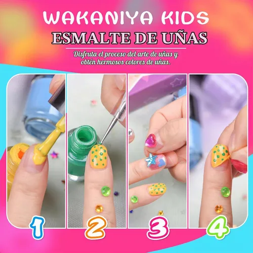 Vista 4 de wakaniya Kit de esmalte de uñas para niños, no tóxico, secado rápido, despegable, mini esmalte de uñas para niños pequeños con calcomanías de gemas