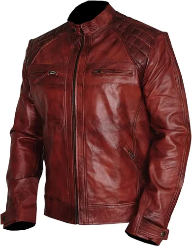 Vista 3 de Chaqueta de cuero vintage con hombros acolchados para hombre, estilo retro, clásico, con diamantes desgastados, para motocicleta, Cafe Racer