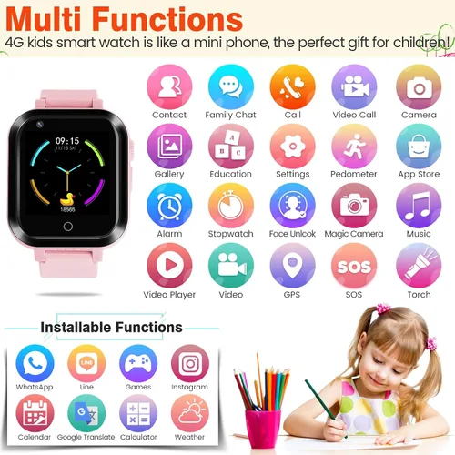 Vista 4 de OKYUK Reloj inteligente con GPS 4G para niñas y niños, IP67, impermeable, deportivo, reloj inteligente para niños, con cámara, WiFi, videollamada