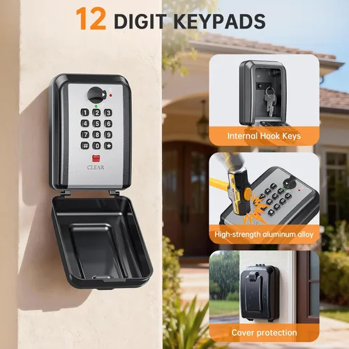 Vista 3 de Caja de bloqueo de llave, combinación personalizable de 12 dígitos, caja de seguridad para llaves con código reposable, gran capacidad y resistente