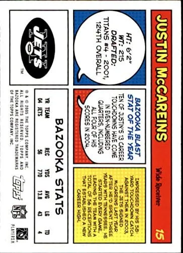 Vista 2 de 2005 Bazooka #15 Justin McCareins NFL Fútbol Trading Card