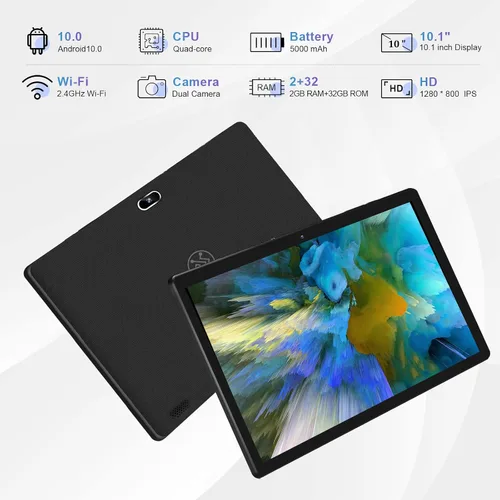Vista 2 de Tablet de 10 pulgadas, tableta Android con 2 GB de RAM 32 GB, cámara dual de 2 MP+8 MP, procesador de cuatro núcleos, pantalla IPS HD de 1280 x 800