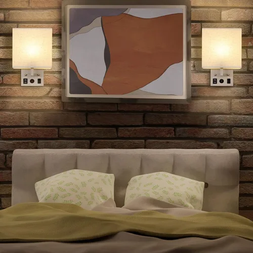 Vista 7 de BTY Juego de 2 apliques de pared modernos, lámparas de pared para dormitorio, enchufe con puertos de carga USB, apliques de enchufe de CA