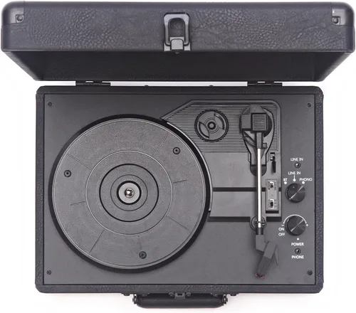 Vista 3 de Arkrocket Curiosity II Tocadiscos Bluetooth Retro de maleta de 3 velocidades con bocinas integradas y cartucho de imán móvil (Negro)