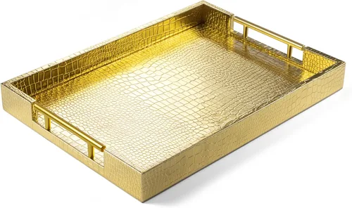 Vista 8 de ATZYmolin - Bandeja de servicio de madera de 17" x 12" con asas de metal dorado pulido, bandeja decorativa de madera rectangular para otomano