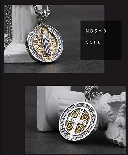 Vista 7 de Titanium Stainless Steel Cross Saint Benedict Medal Pendant Necklace for Men Women70cm Chain