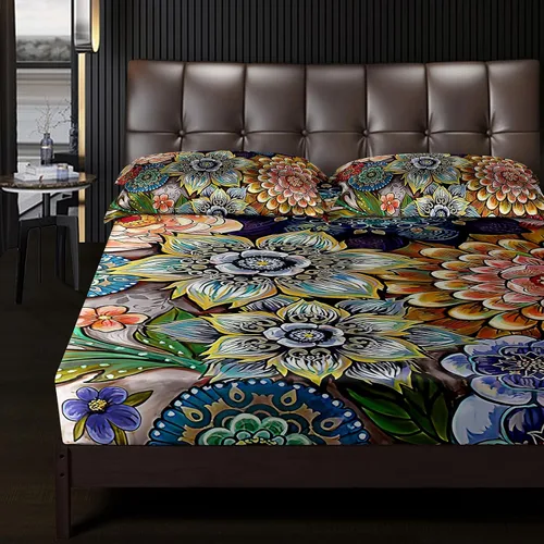 Vista 4 de Nttopship Sábanas y fundas de almohada florales bohemias, sábana bajera ajustable de microfibra suave, bolsillos profundos, decoración