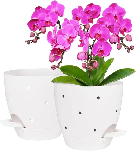 Vista 17 de 6 Inch Orchid Pot, 2 Pack Self Watering Plant Pots, Orchid Pots with Holes Blanco+Marrón