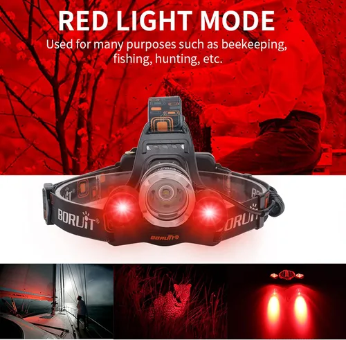 Vista 2 de BORUIT Linterna frontal recargable LED RJ-3000, 3 modos de linternas frontales LED blancas y rojas para caza, linterna táctica súper brillante