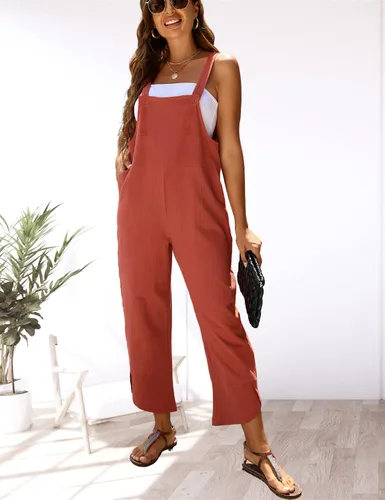 Vista 2 de Gozoloma Overol de lino y algodón holgado con dobladillo de pétalos para mujer, estilo casual y holgado
