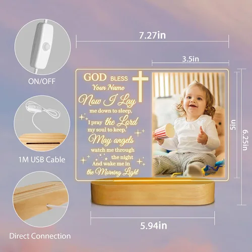 Vista 3 de Attivolife Marco de fotos personalizado de bautismo, marco de fotos iluminado con luz nocturna personalizada para bebé, regalos cristianos