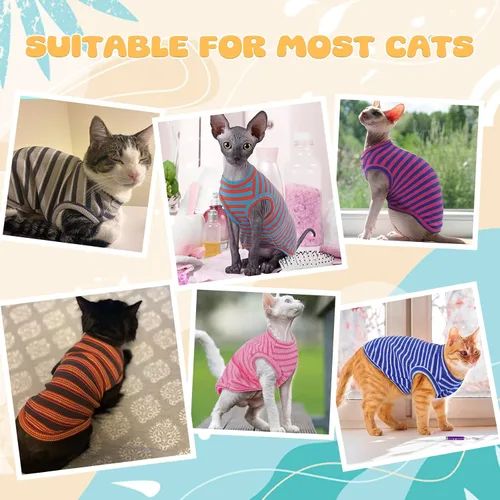 Vista 7 de BRKURLEG Camisa de punto para gatos, chaleco sin mangas para gatos Sphynx y perros pequeños, ropa suave de primavera y verano, camisetas Rayas azules