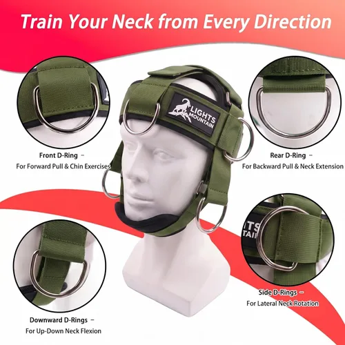 Vista 3 de Arnés de cuello ajustable con sistema de polea y bandas de resistencia, entrenamiento multidireccional de levantamiento de pesas para el cuello