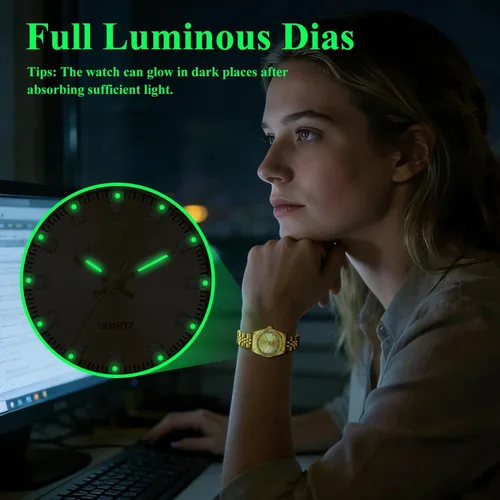 Vista 7 de Juego de reloj de oro para mujer, chapado en oro de 18 quilates, brazalete brazalete anillo para mujer, delicado reloj analógico impermeable