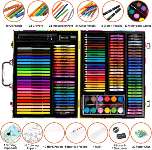 Vista 2 de Suministros de arte, juego de 180 piezas para dibujar y pintar para niños, niñas, niños, adolescentes, juego de arte para colorear con estuche