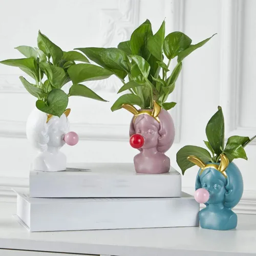 Vista 8 de Pequeño florero de resina nórdica linda chica chicle estatua figura suculenta planta maceta moderna decoración del hogar soporte para bolígrafo