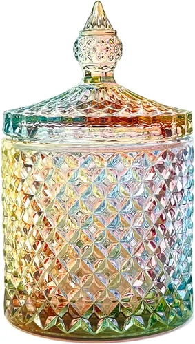 Vista 17 de Tarro de almacenamiento de caramelos de vidrio de cristal colorido con relieve, lujoso recipiente para buffet de galletas con tapas, caja
