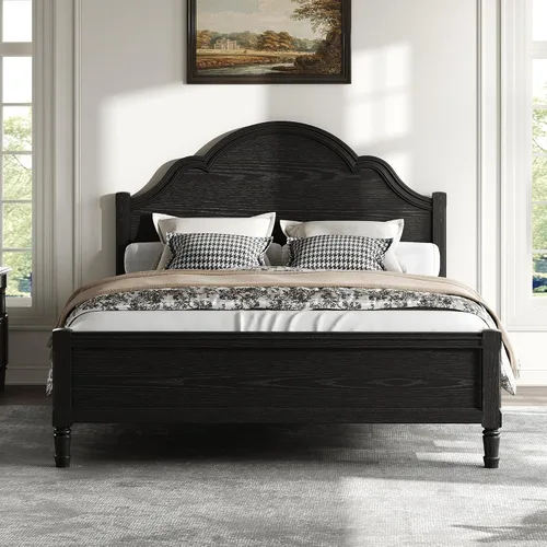 Vista 3 de Base de cama de plataforma de madera maciza tamaño Queen con cabecera de arco, base de listones resistente (negro - W, Queen)