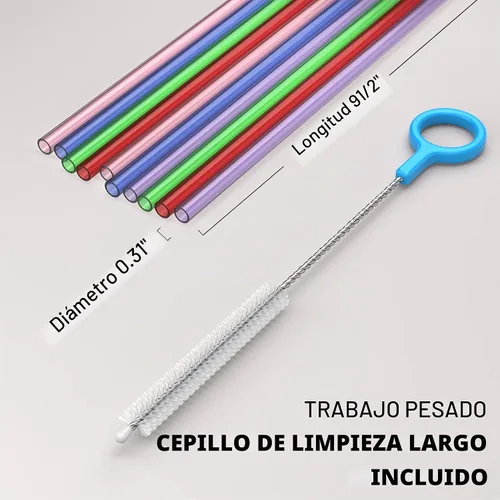 Vista 2 de Fiesta First 10 Pajitas de Plástico Duro Reutilizables Largas para Beber, Ancho Medio + Cepillo de Limpieza Resistente - para Vasos, Frascos Mason