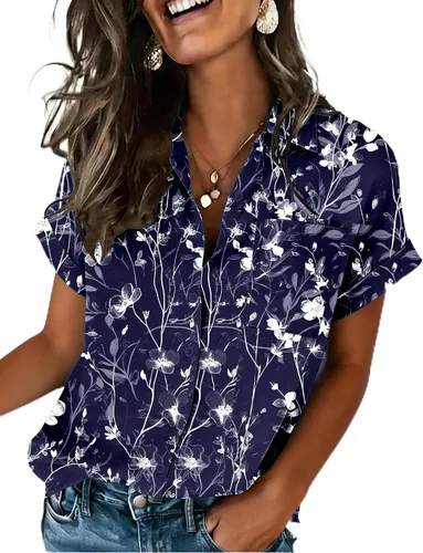 Vista 14 de Zeagoo Camisa de manga corta con botones para mujer, cuello en V, elegante, casual, para negocios, trabajo, con bolsillo, S-XXL