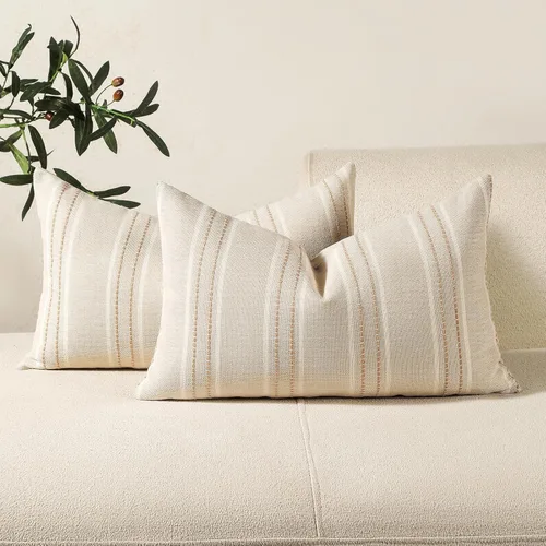 Vista 18 de Hckot Fundas de Almohadas Decorativas 16x16 Juego de 2 Fundas de Almohadas a Rayas de Lino Texturizado Almohadas Decorativas Fundas de Cojines