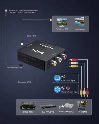 Vista 6 de ABLEWE RCA a HDMI, Convertidor de AV a HDMI, Adaptador convertidor de audio y video de 1080P Mini RCA Compuesto CVBS Compatible con PAL/NTSC