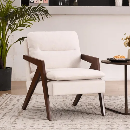 Vista 8 de Silla con acento moderno de mediados de siglo con marco de madera maciza, sillas tapizadas de chenilla para sala de estar con cojín para dormitorio