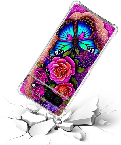 Vista 2 de Funda para Google Pixel 7a, diseño de mariposas azules, rosas, protección contra caídas, a prueba de golpes, TPU de cuerpo completo, resistente a