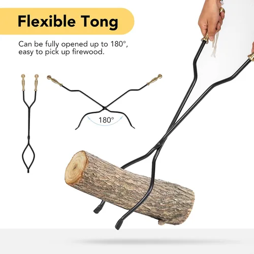 Vista 6 de nalone Juego de 5 herramientas para chimenea, asas de latón, accesorios de chimenea de hierro forjado con póquer, pinzas, pala, cepillo