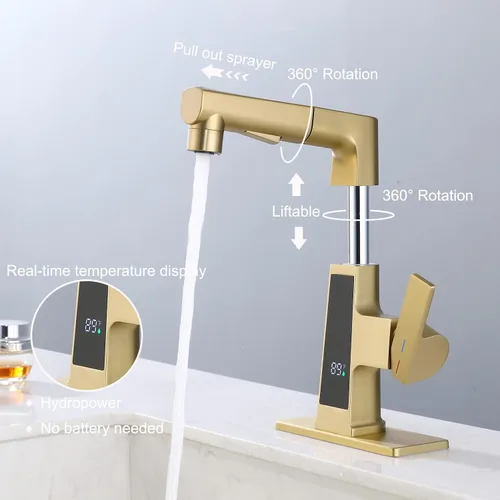 Vista 5 de Grifo de baño LED con rociador extraíble, pantalla de temperatura dorada cepillada, 2 modos de pulverización, grifo RV de 1 o 3 agujeros con placa