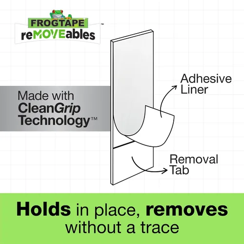 Vista 5 de FrogTape reMOVEables - Tiras para colgar pósteres, sin daños, ganchos extraíbles para pósteres, cinta adhesiva adhesiva para pared, alternativa