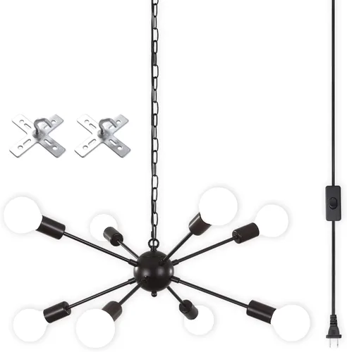 Vista 9 de LASENCHOO Lámpara de araña con enchufe negra de 6 luces Lámpara colgante con enchufe Luces colgantes con cable de enchufe de 15.1 pies