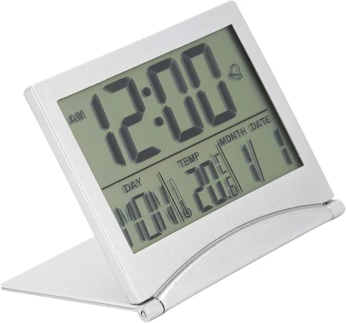 Vista 6 de Reloj electrónico compacto con alarma plegable, fácil de leer, reloj atómico de escritorio, ajuste automático, pantalla de reloj despertador digital