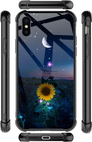Vista 7 de Funda para iPhone Xs Max, diseños de girasol, estrella, cielo, cubierta trasera de cristal templado antiarañazos, esquinas reforzadas, carcasa